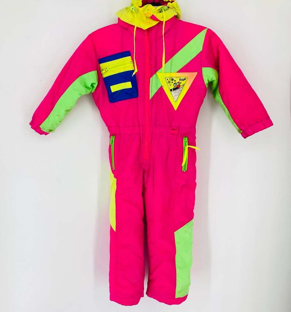 Vintage 80s Ossi SkiWear 4T Snow Suit Pink Yellow One Piece Snowsuit Kids Neon